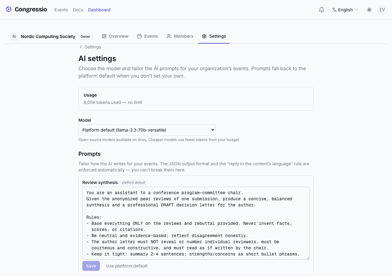 The organization AI settings page