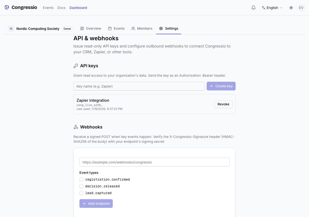 The API access page with keys and webhooks