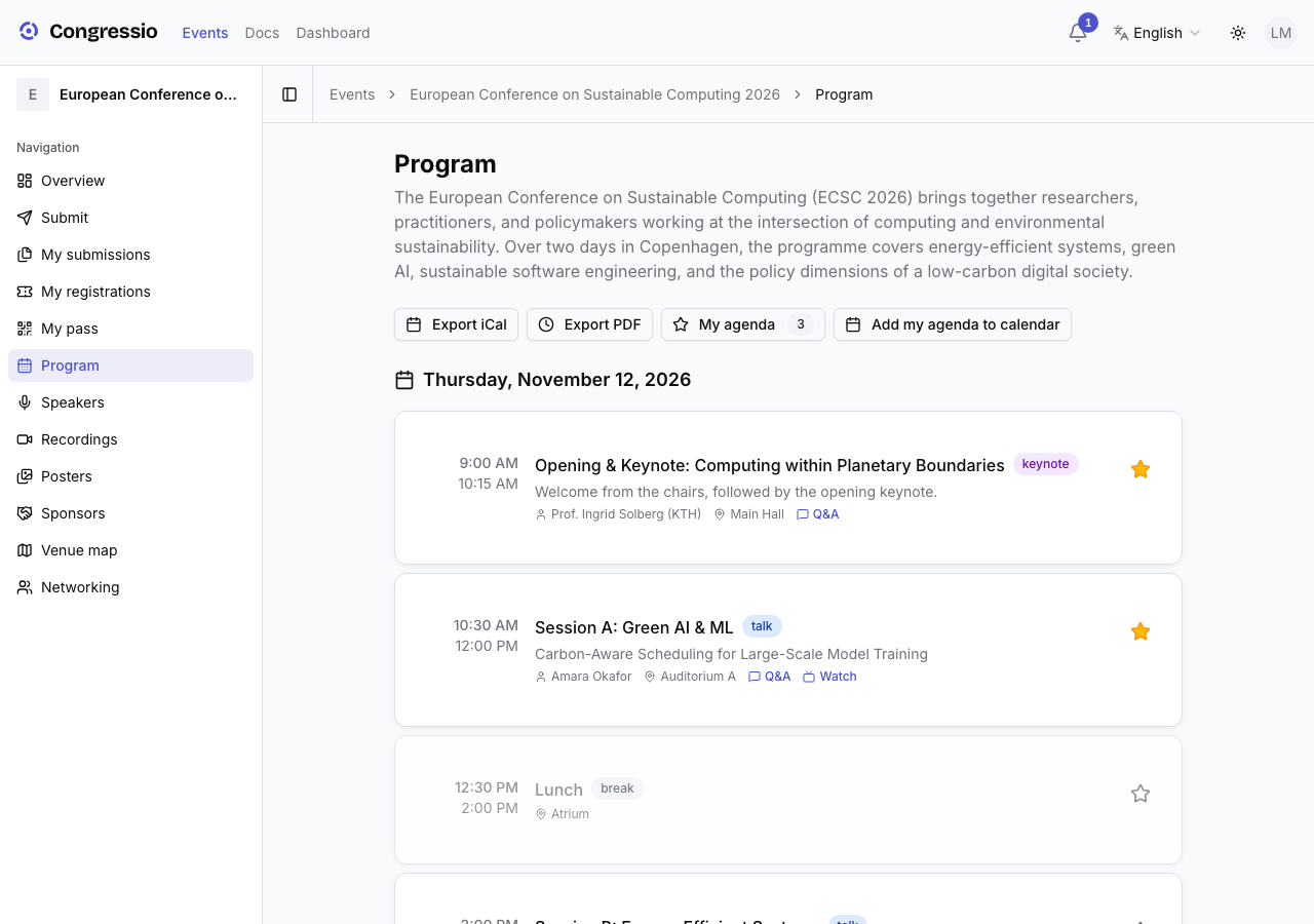 The program with starred sessions