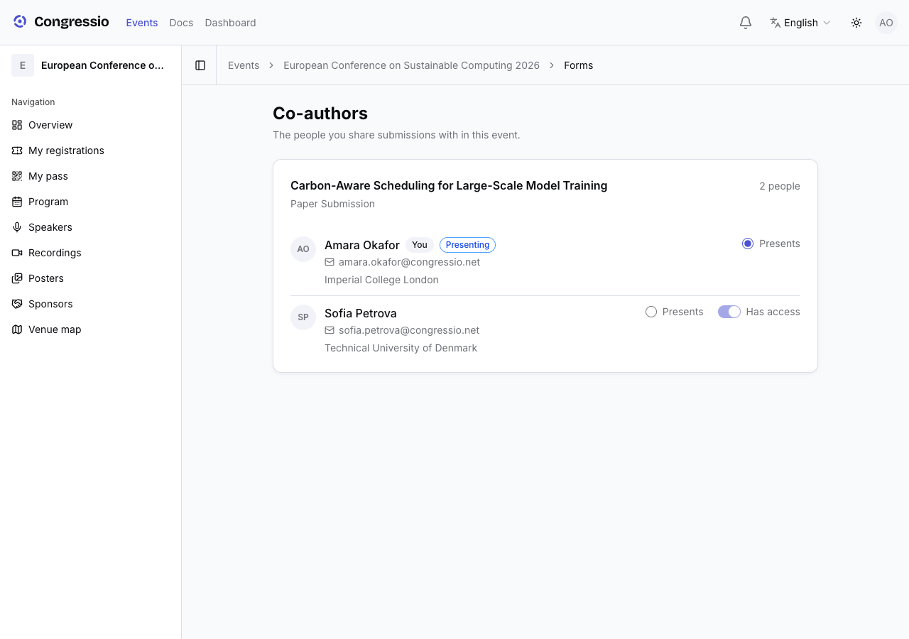 The Co-authors page, one card per submission