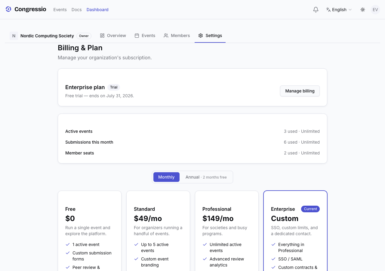 The billing settings page