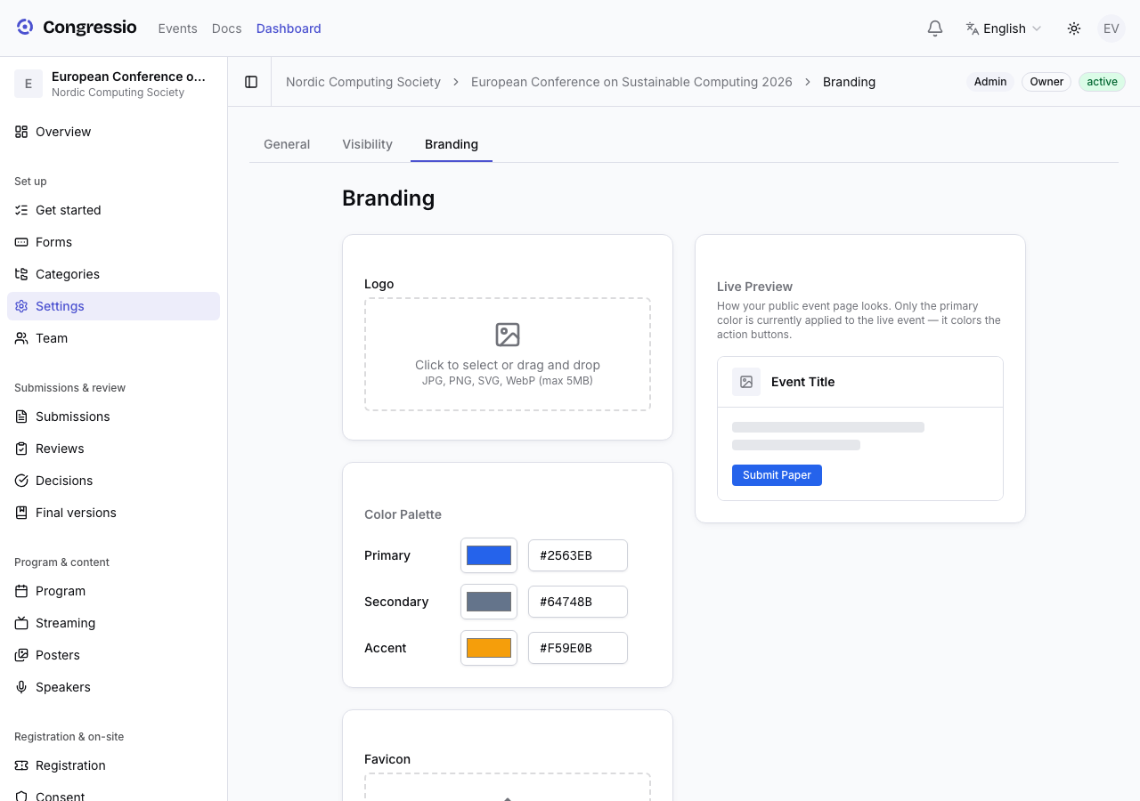 The branding settings with color pickers