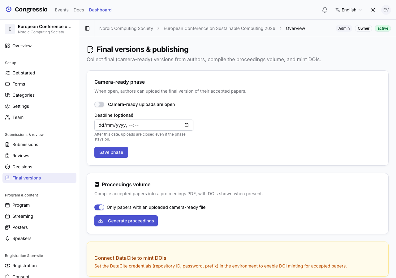 The Final versions page listing accepted papers and their upload status