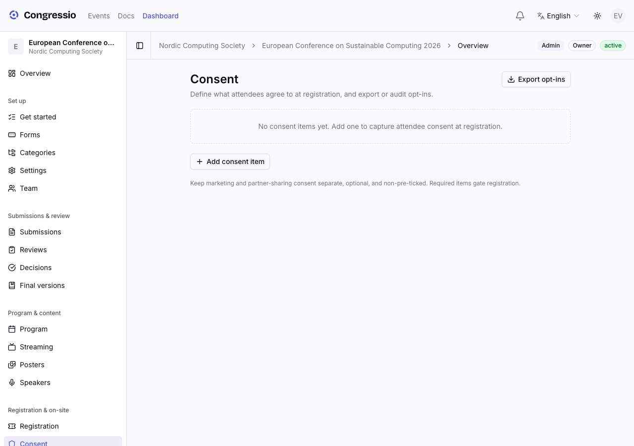 The consent items manager with granted/withdrawn counts