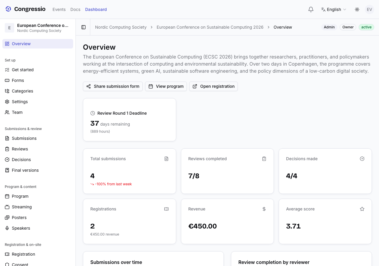 The organizer dashboard for an event, showing the sidebar sections