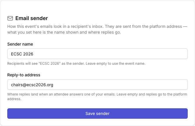 The Email sender card in the event's settings