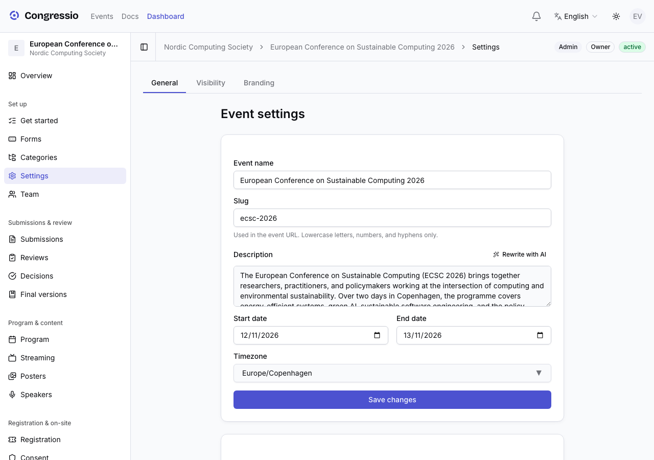 Event general settings with the publish control