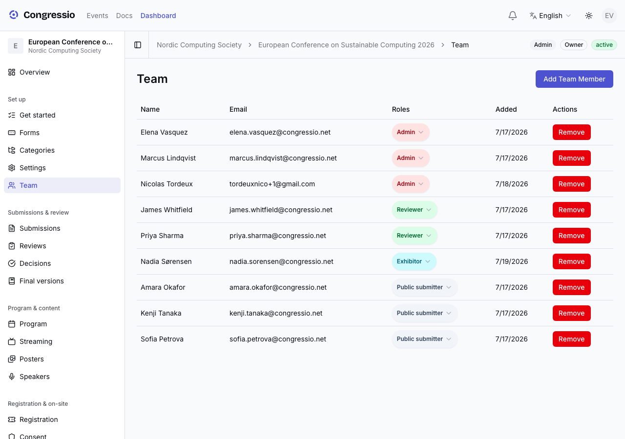 The event Team page with role assignments