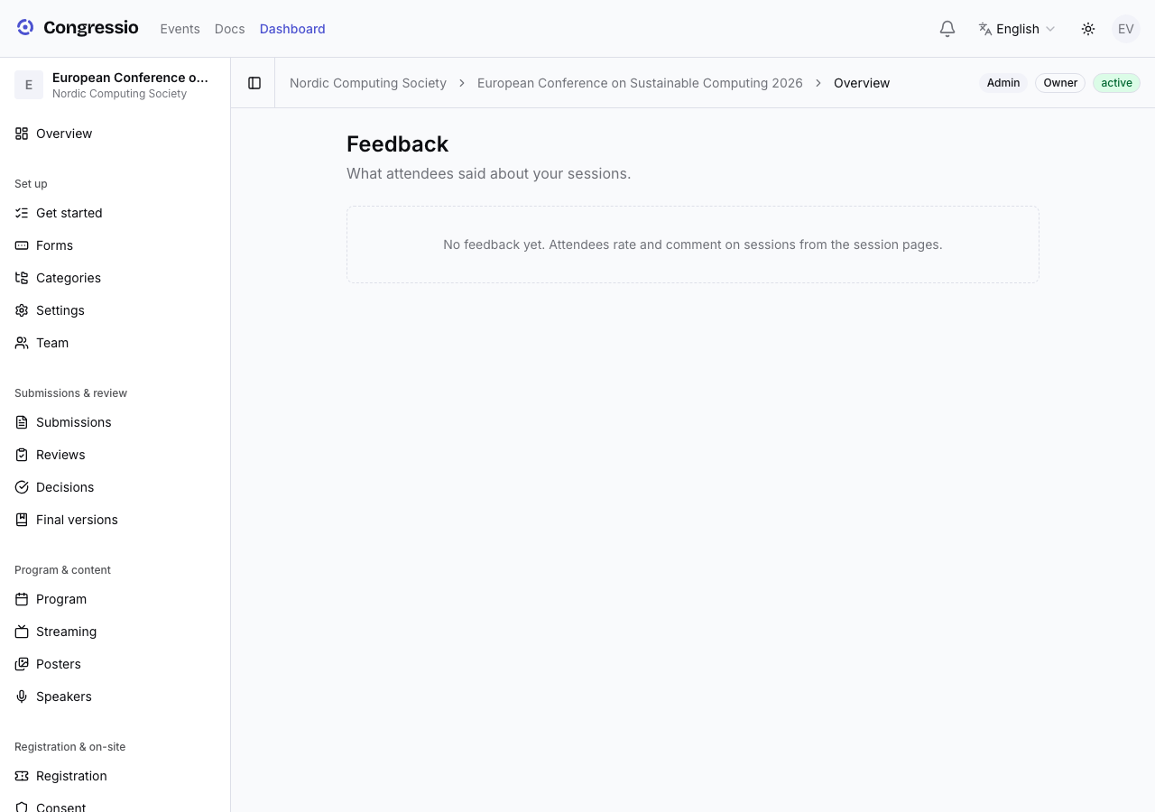 The organizer feedback page