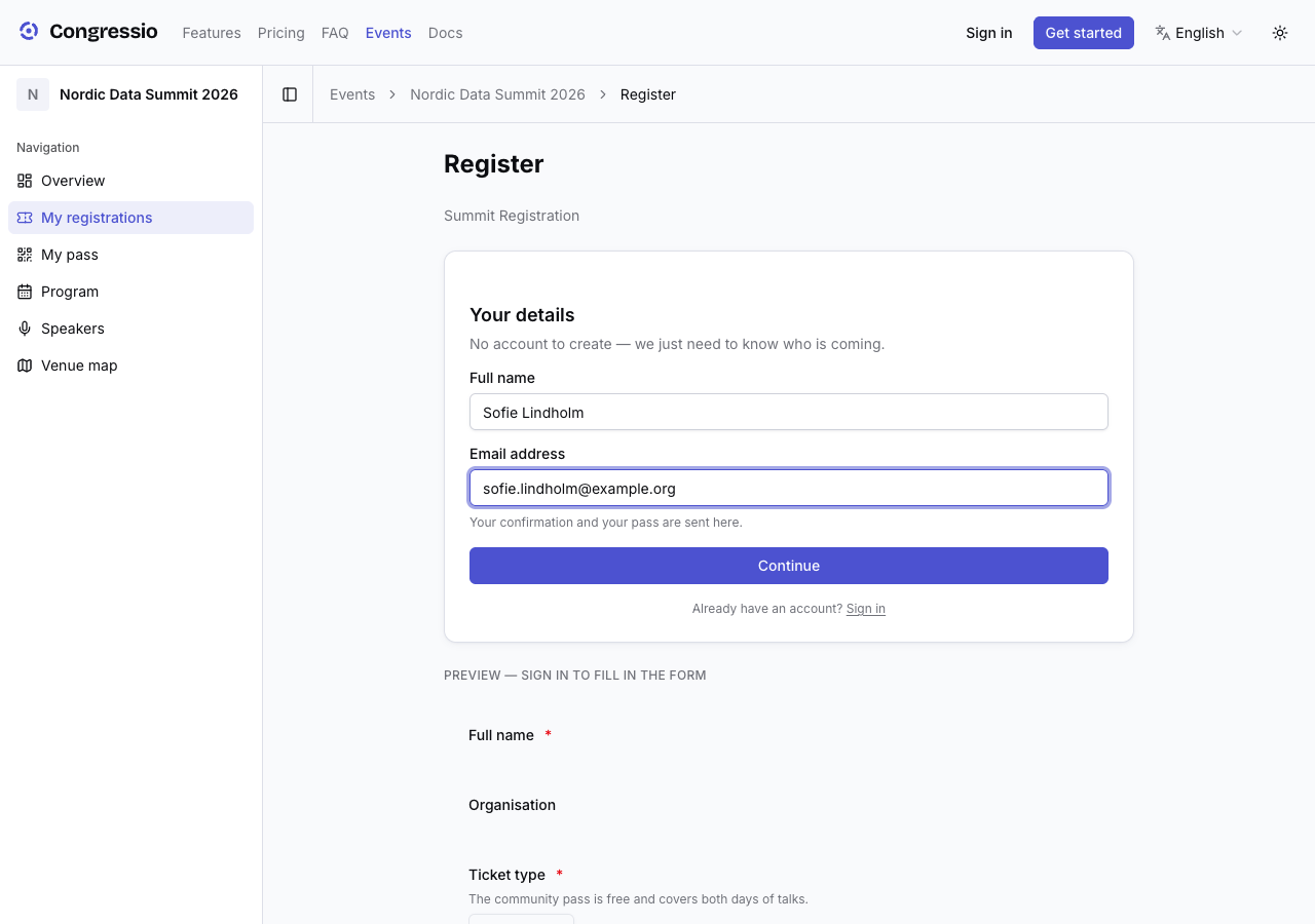 The guest details step on a registration-only event