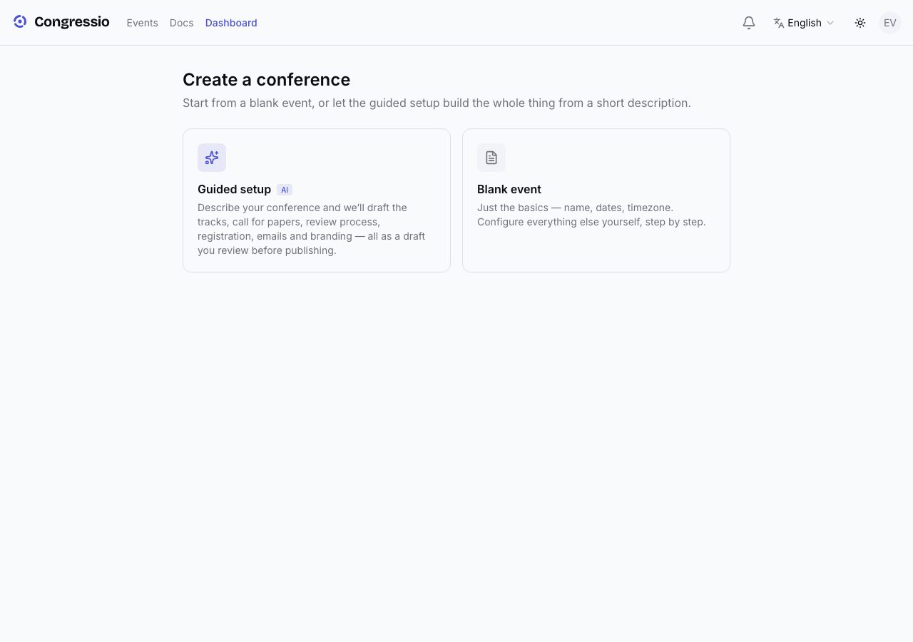 Choosing guided setup vs a blank event on the new-event screen
