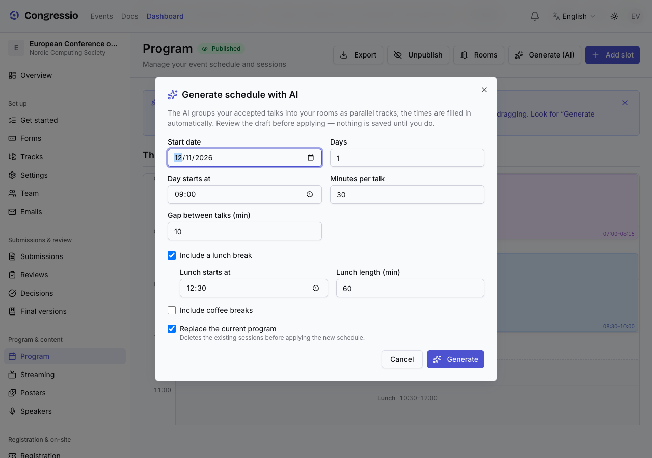 The AI schedule generator
