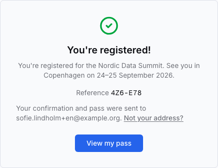 The confirmation panel with the reference and the address check