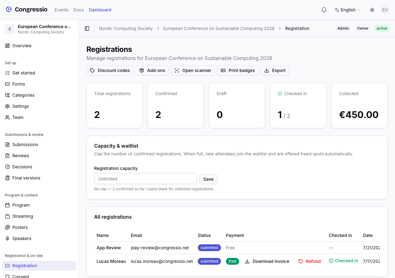 The registration form with ticket tiers