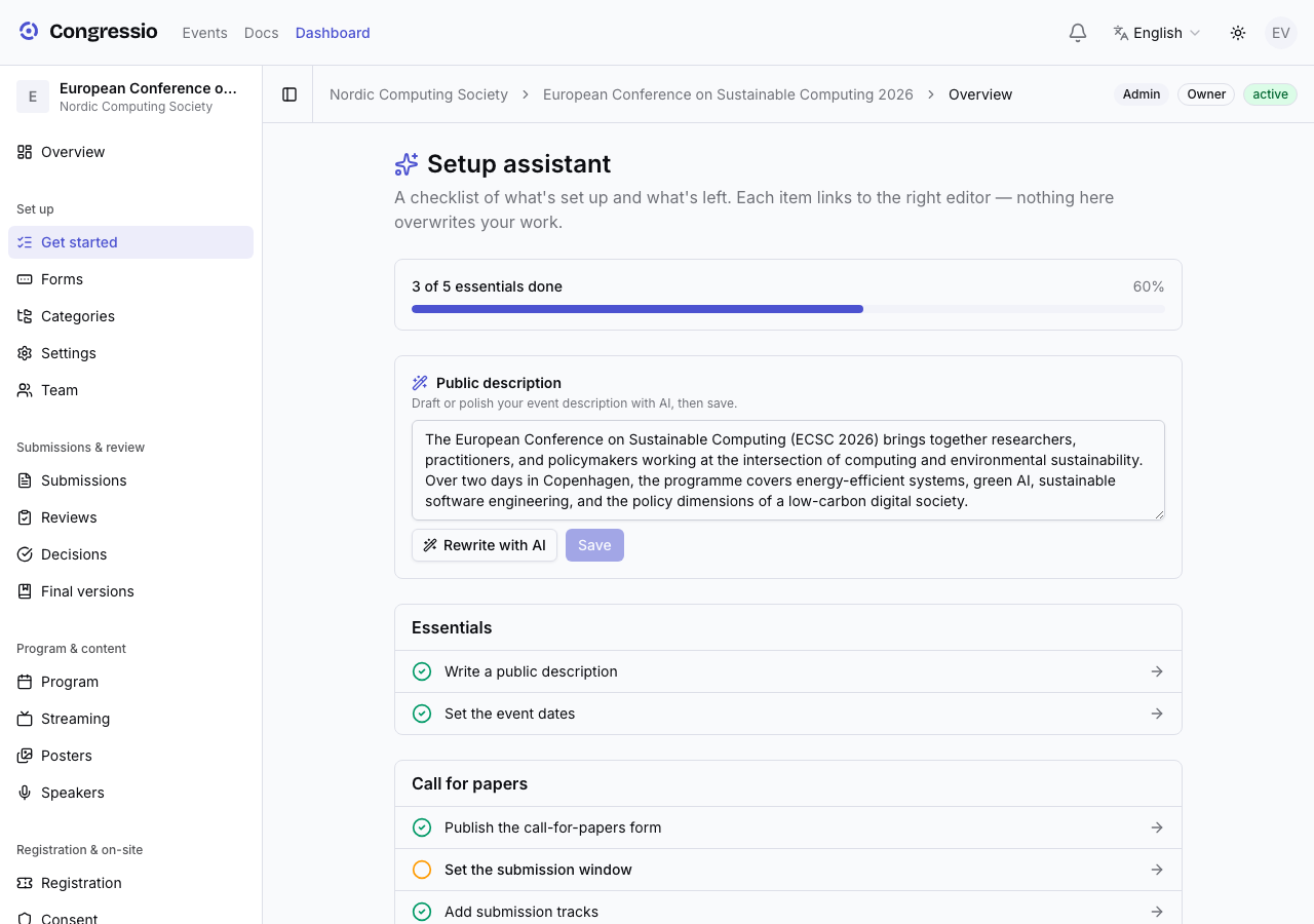 The setup assistant checklist with a progress bar