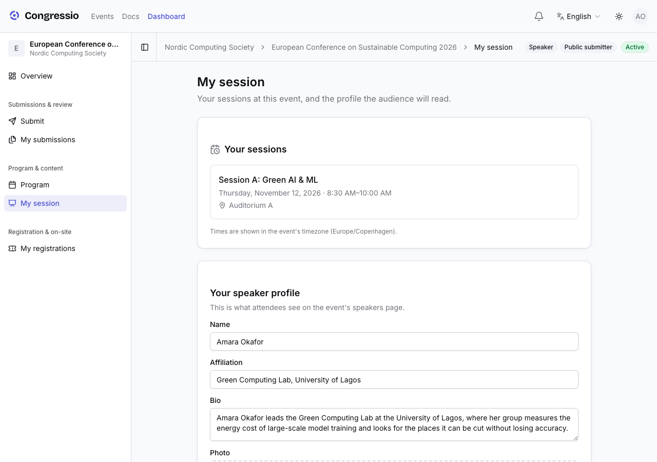 A speaker's own My session screen