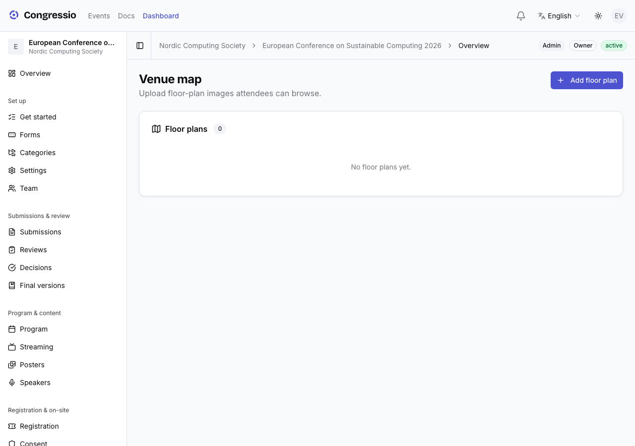 The venue-map editor with pins on a floor plan